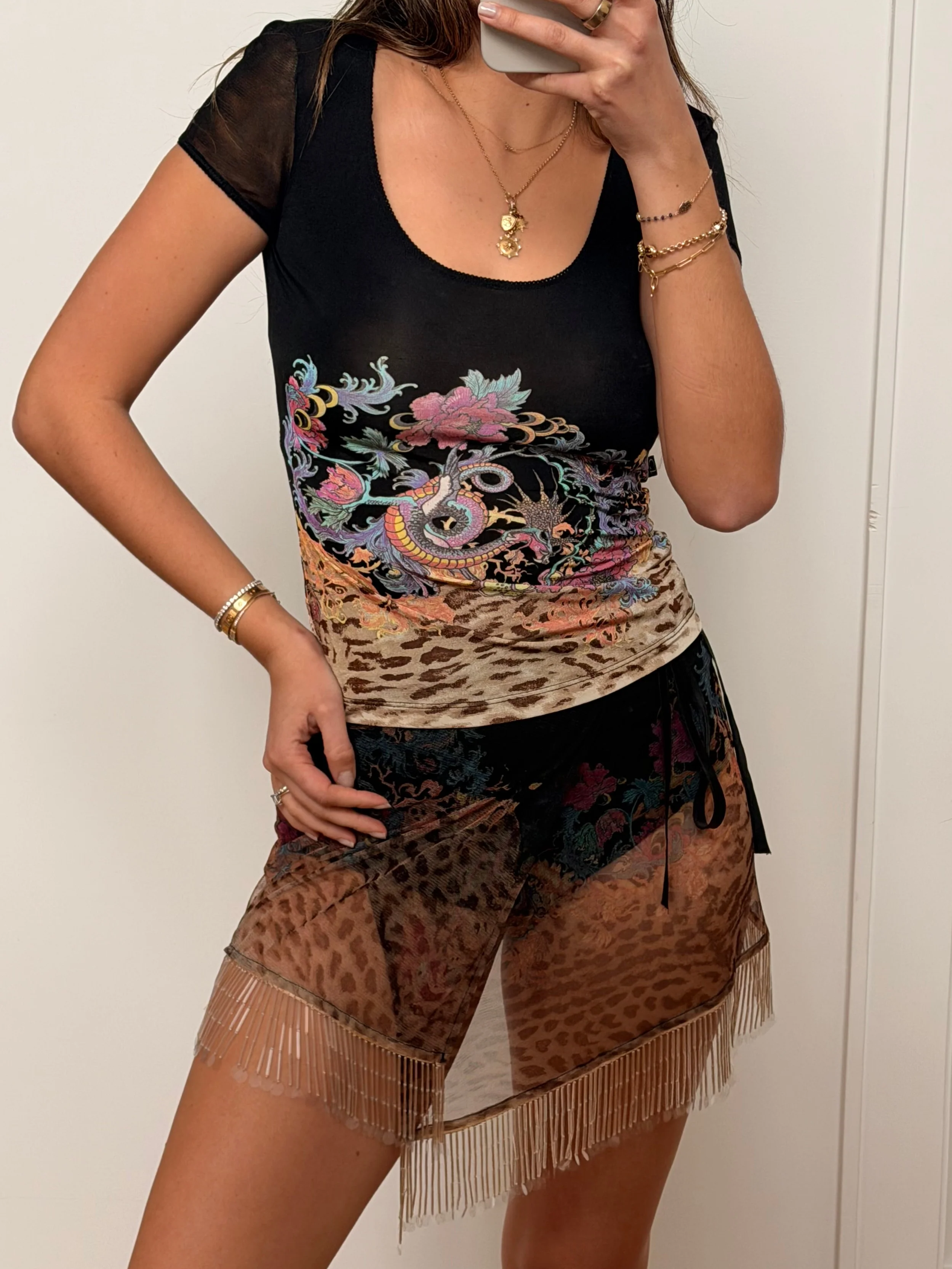 Roberto Cavalli S/S 2000 Mesh Beaded Skirt & Top Set